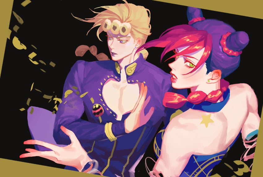 kujo jolyne and giorno giovanna (jojo no kimyou na bouken and 2 more) drawn by sobi_(dnenqkswja)