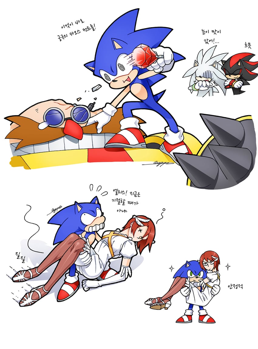 sonic the hedgehog, shadow the hedgehog, silver the hedgehog, princess elise the third, and death egg robot (sonic and 1 more) drawn by sloth_g_ya