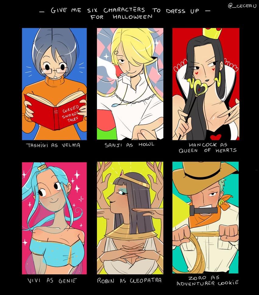 nico robin, roronoa zoro, sanji, boa hancock, nefertari vivi, and 1 more (one piece) drawn by cesel