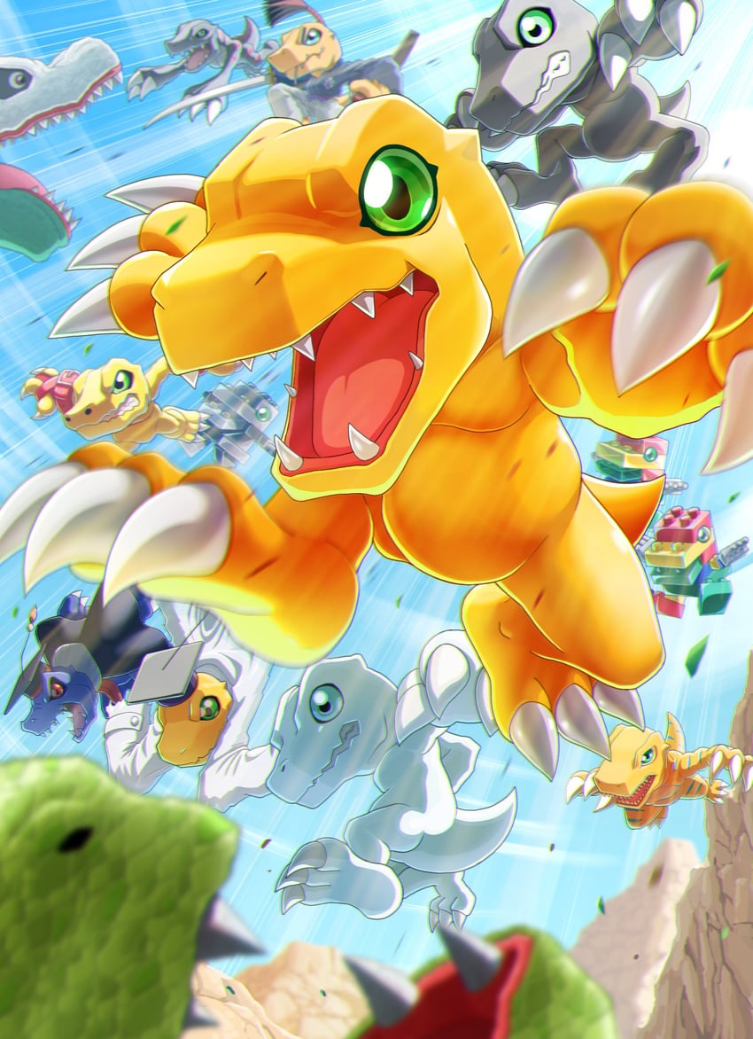 agumon, agumon hakase, toyagumon, airdramon, yukiagumon, and 6 more (digimon) drawn by kyamuu