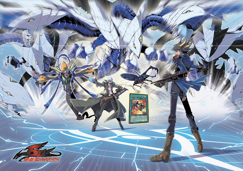 fudo yusei, kiryu kyosuke, trishula dragon of the ice barrier, infernity archfiend, infernity beetle, and 1 more (yu-gi-oh! and 1 more) drawn by bawang-ryuuzaki