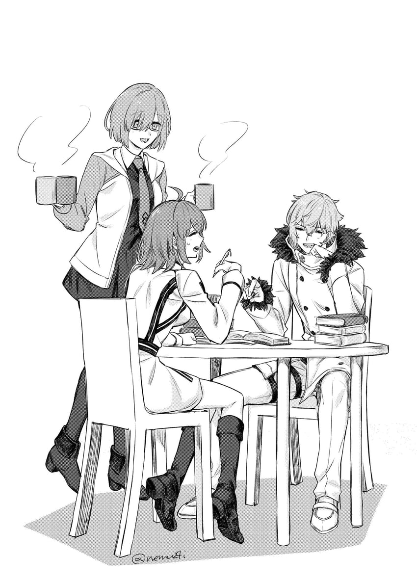 mash kyrielight, fujimaru ritsuka, and kadoc zemlupus (fate and 1 more) drawn by nemu24i
