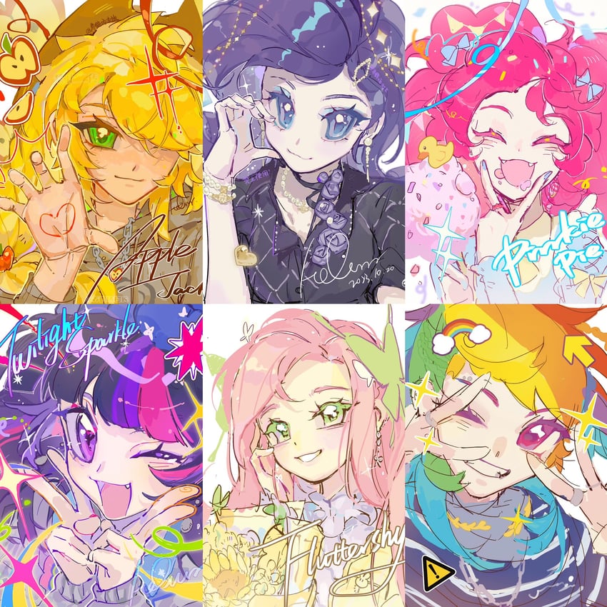 twilight sparkle, fluttershy, rainbow dash, pinkie pie, applejack, and 1 more (my little pony and 1 more) drawn by hecun923
