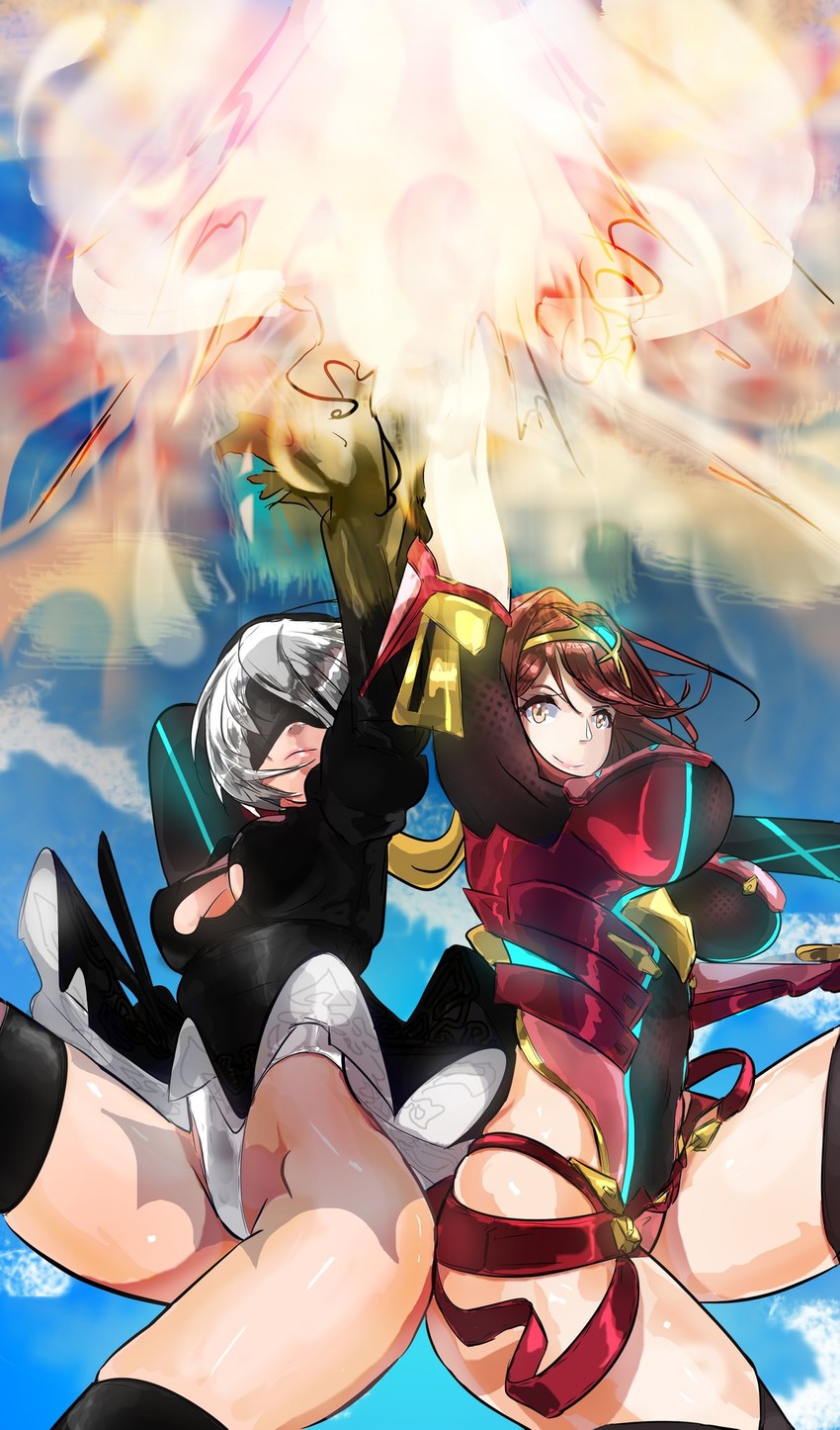 2b and pyra (xenoblade chronicles and 3 more) drawn by bravoida