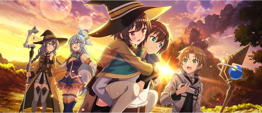 megumin, aqua, satou kazuma, roxy migurdia, and rudeus greyrat (kono subarashii sekai ni shukufuku wo! and 2 more)
