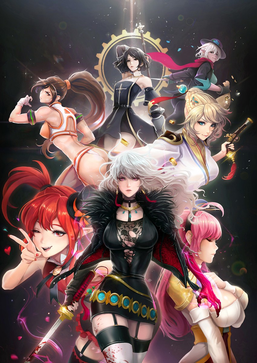 female mage, female gunner, knight, female fighter, female priest, and 2 more (dungeon and fighter) drawn by park_junkyu