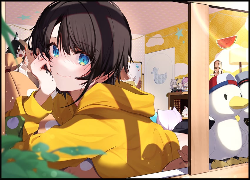 nekomata okayu, ookami mio, oozora subaru, inugami korone, and subaru duck (hololive) drawn by mikaku