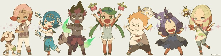 lana, mallow, acerola, sableye, wishiwashi, and 9 more (pokemon and 1 more) drawn by mochi730