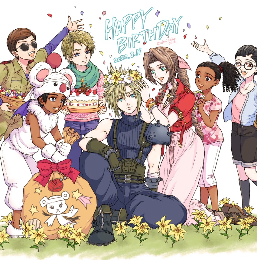 cloud strife, aerith gainsborough, moogle, oates, and moggie (final fantasy and 2 more) drawn by you_(blacknwhite)