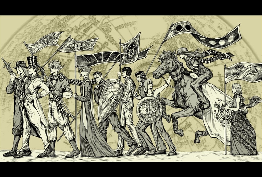 caesar anthonio zeppeli, kakyoin noriaki, bruno bucciarati, gyro zeppeli, nijimura okuyasu, and 5 more (jojo no kimyou na bouken and 8 more) drawn by kimeohandream