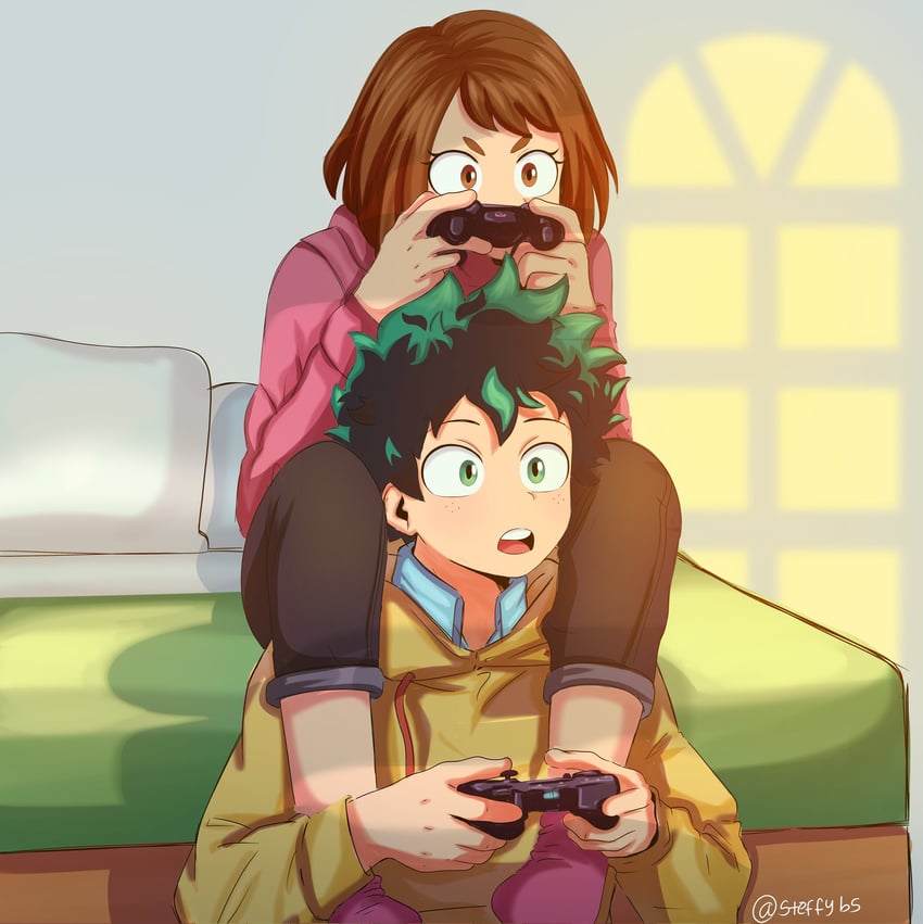 midoriya izuku and uraraka ochaco (boku no hero academia) drawn by steffybs