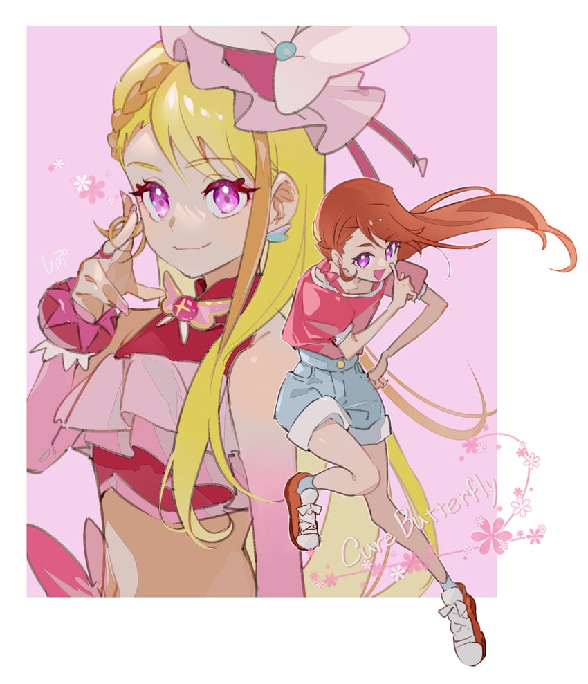 hijiri ageha and cure butterfly (precure and 1 more) drawn by shipu_(gassyumaron)