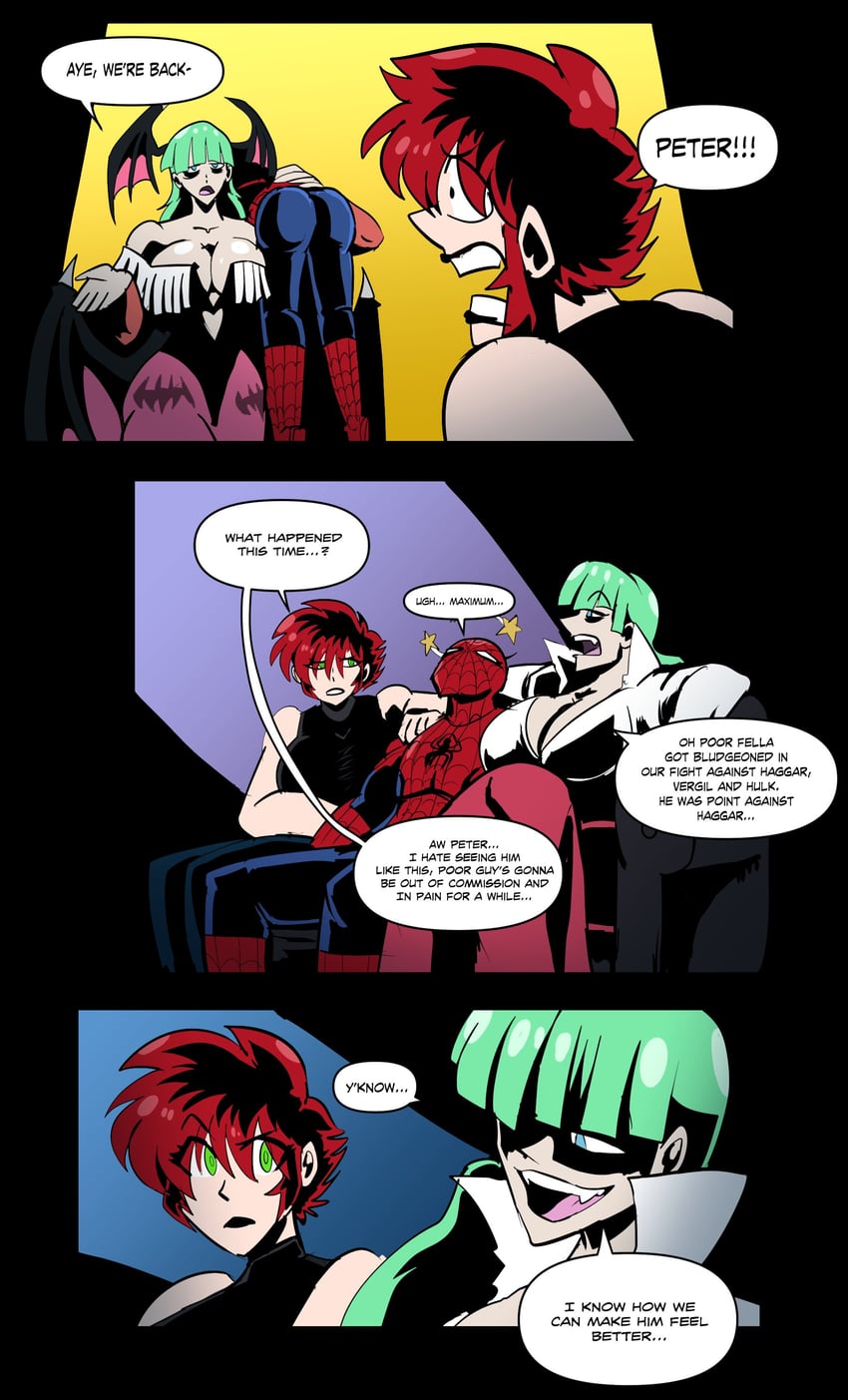 morrigan aensland, spider-man, and mary jane watson (marvel and 3 more) drawn by deputy_rust
