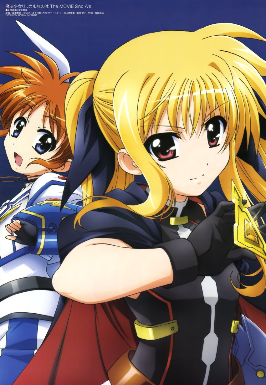 fate testarossa, takamachi nanoha, and bardiche (lyrical nanoha and 4 more) drawn by okuda_yasuhiro
