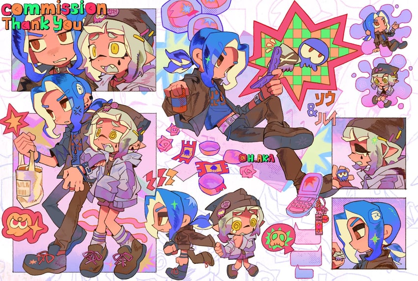 inkling player character, inkling girl, octoling player character, and octoling boy (splatoon) drawn by bakori514_(h_akka)