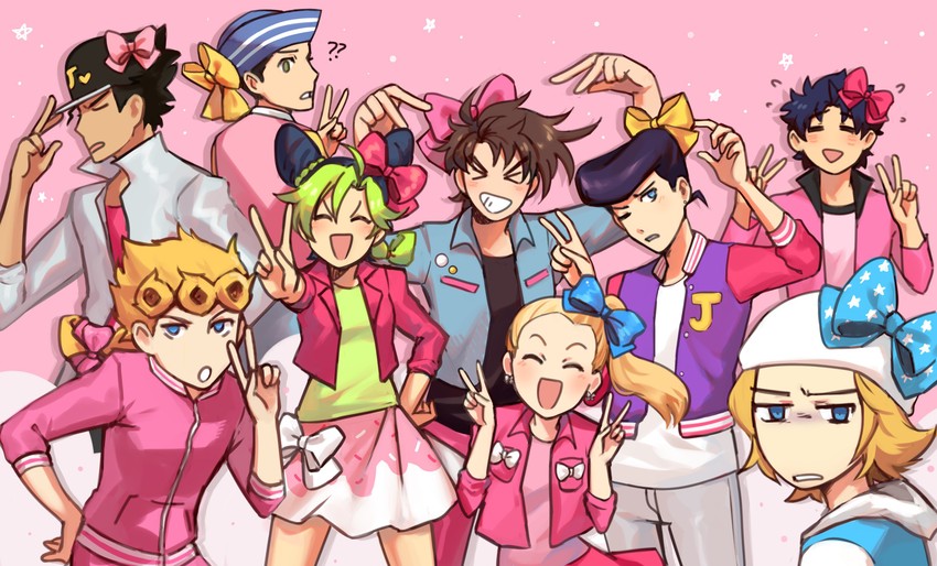 joseph joestar, kujo jotaro, kujo jolyne, giorno giovanna, jonathan joestar, and 3 more (jojo no kimyou na bouken and 9 more) drawn by gummy_(puffaluficus)