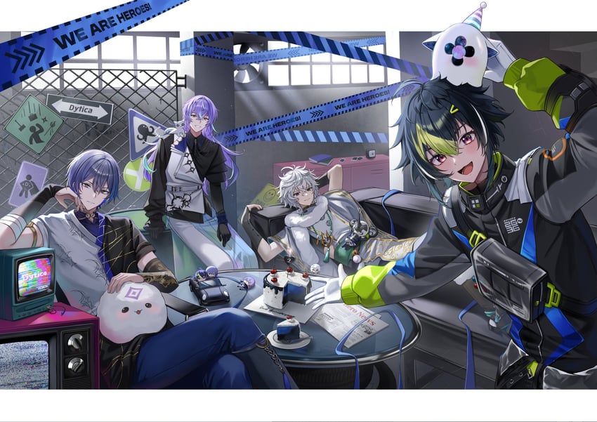 hoshirube sho, murakumo kagetsu, koyanagi rou, inami rai, otomo, and 1 more (nijisanji) drawn by pora_0918