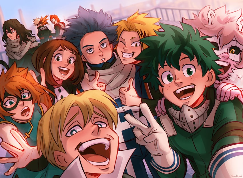 midoriya izuku, bakugou katsuki, uraraka ochaco, ashido mina, kirishima eijiro, and 5 more (boku no hero academia) drawn by chalseu