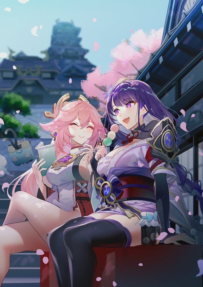 raiden shogun, yae miko, and kirara (genshin impact) drawn by kawachi_rin