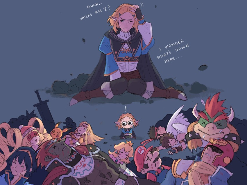 pikachu, princess zelda, cloud strife, princess peach, mario, and 8 more (pokemon and 13 more) drawn by papabay