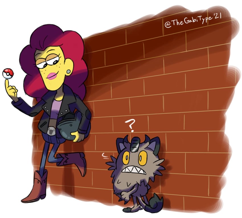 galarian meowth and nancy green (pokemon and 1 more) drawn by thegabitype