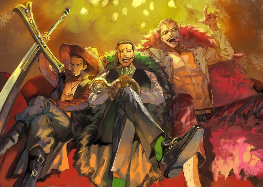 donquixote doflamingo, crocodile, and dracule mihawk (one piece) drawn by nisir0