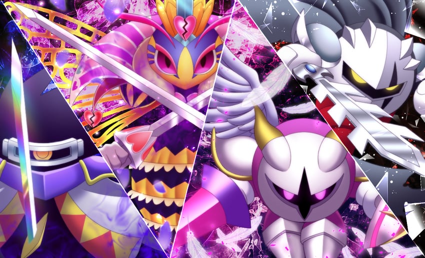 dark matter, galacta knight, dark meta knight, queen sectonia, and dark matter blade (kirby and 2 more) drawn by maiko_(mimi)