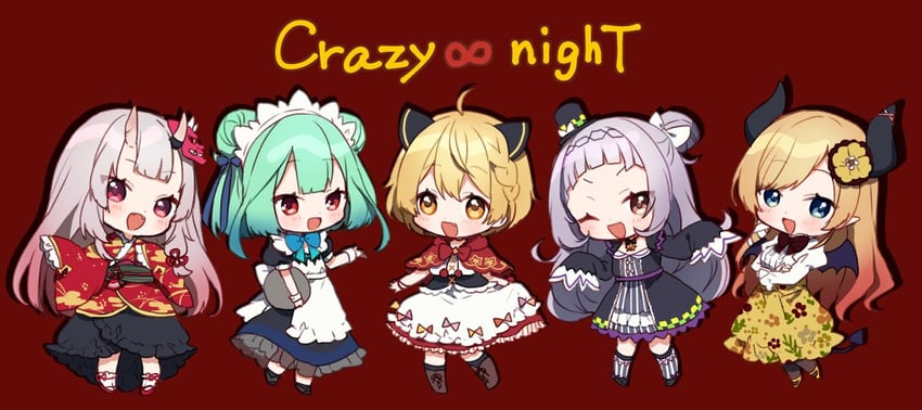 murasaki shion, nakiri ayame, uruha rushia, yuzuki choco, and yozora mel (hololive) drawn by yamabukiiro
