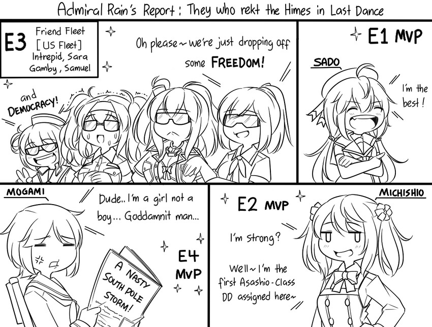mogami, saratoga, michishio, gambier bay, intrepid, and 3 more (kantai collection) drawn by guin_guin