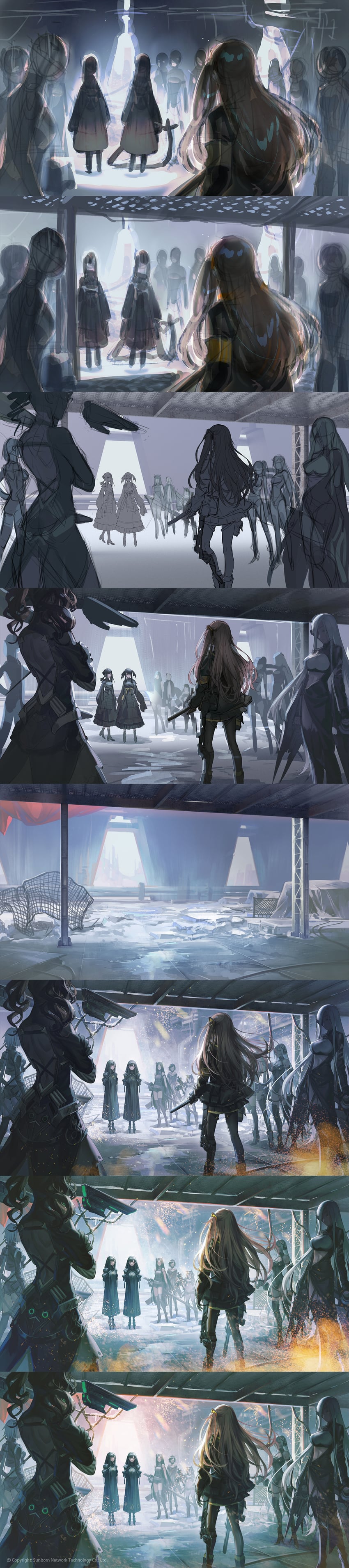 ump45, architect, alchemist, scarecrow, gager, and 8 more (girls' frontline) drawn by nunok