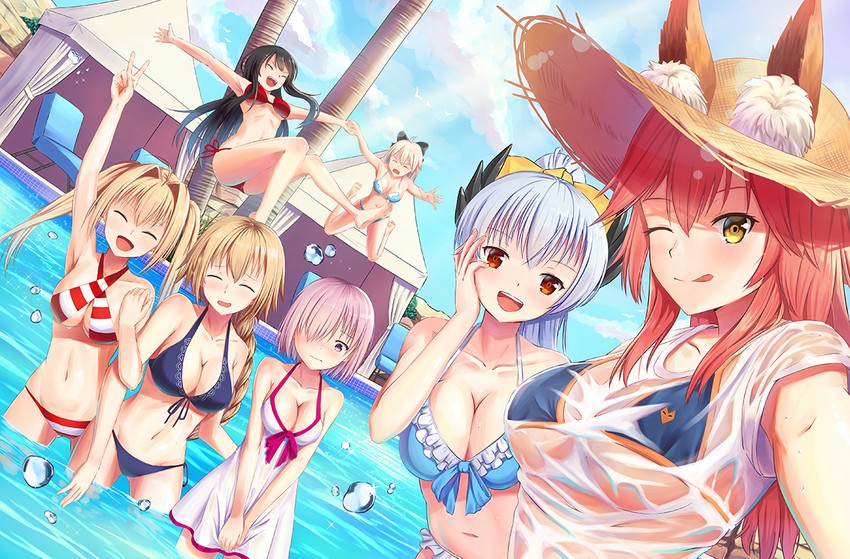 mash kyrielight, tamamo, nero claudius, jeanne d'arc, okita souji, and 3 more (fate and 2 more) drawn by skyrail