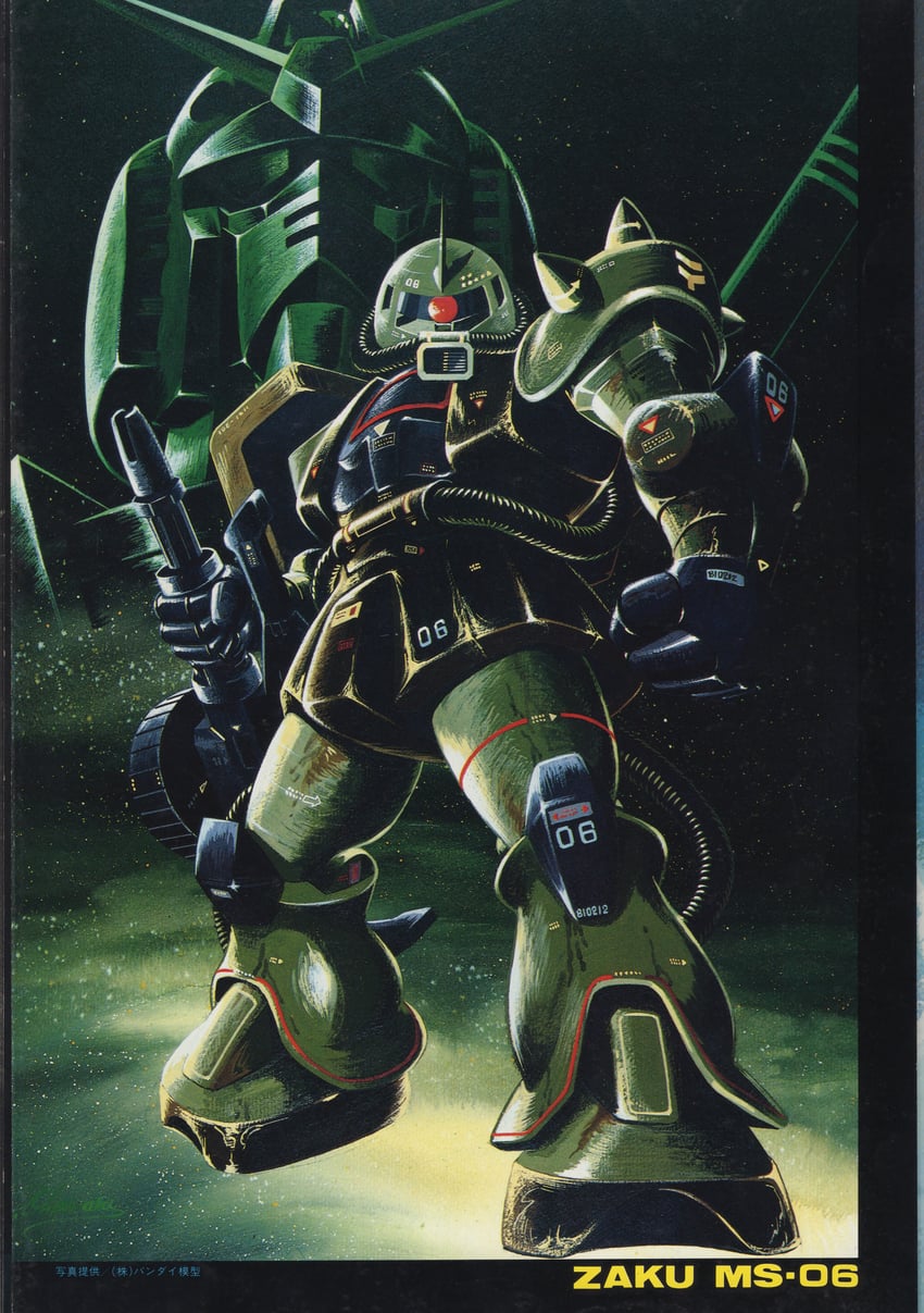 rx-78-2 gundam, zaku ii, and zaku ii s (gundam and 1 more) drawn by ookawara_kunio