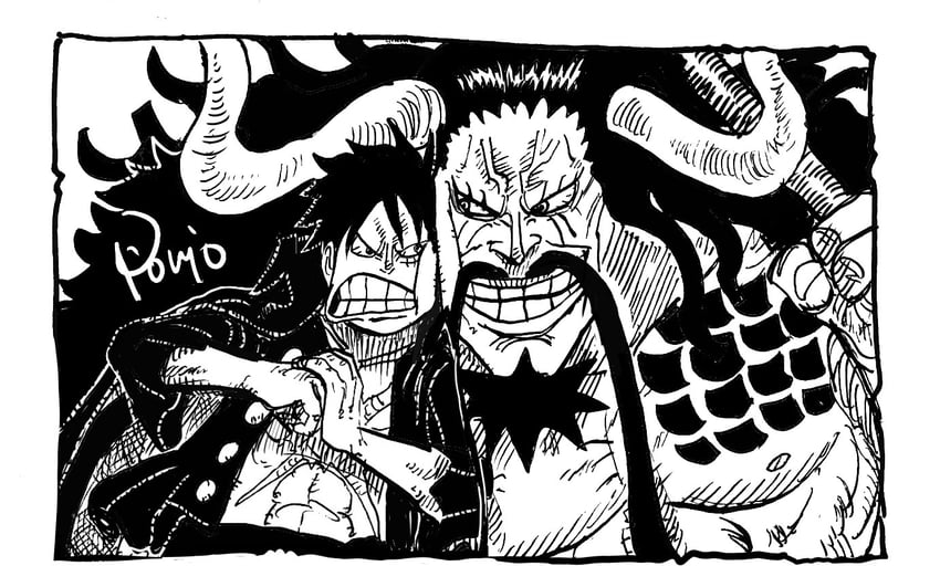 monkey d. luffy and kaidou (one piece) drawn by nishiponi