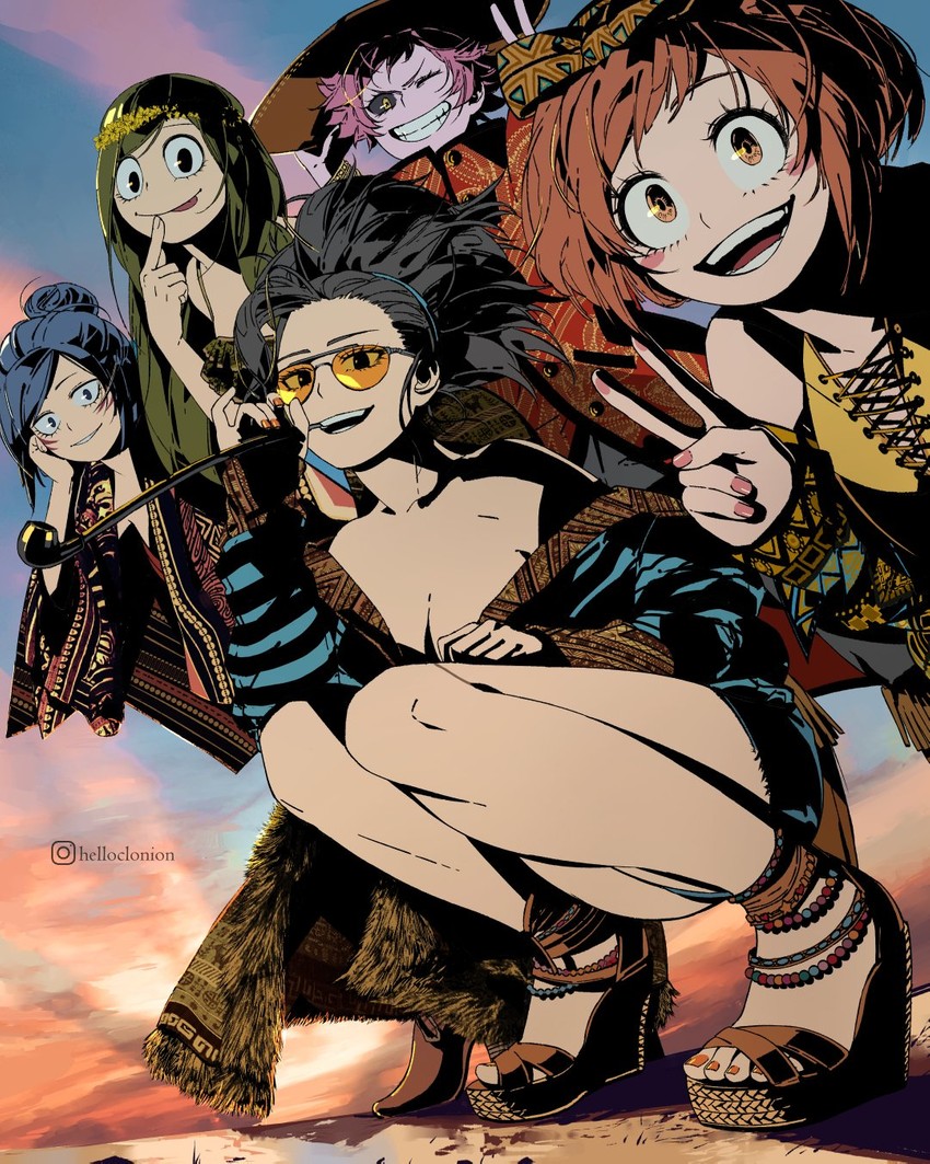 uraraka ochaco, asui tsuyu, yaoyorozu momo, ashido mina, and jiro kyoka (boku no hero academia) drawn by clonion