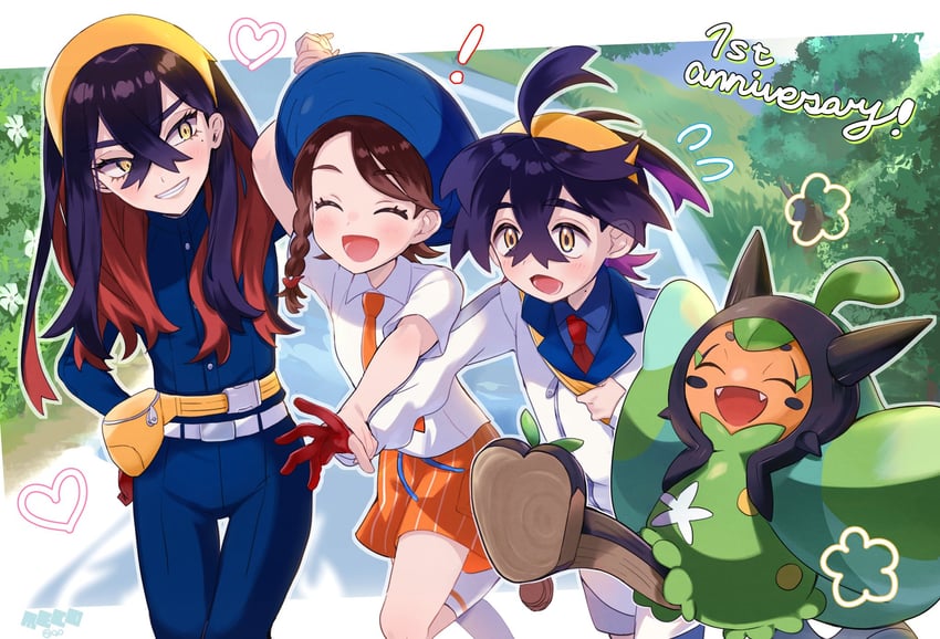 kieran, juliana, carmine, and ogerpon (pokemon and 1 more) drawn by abe_(kumayu)
