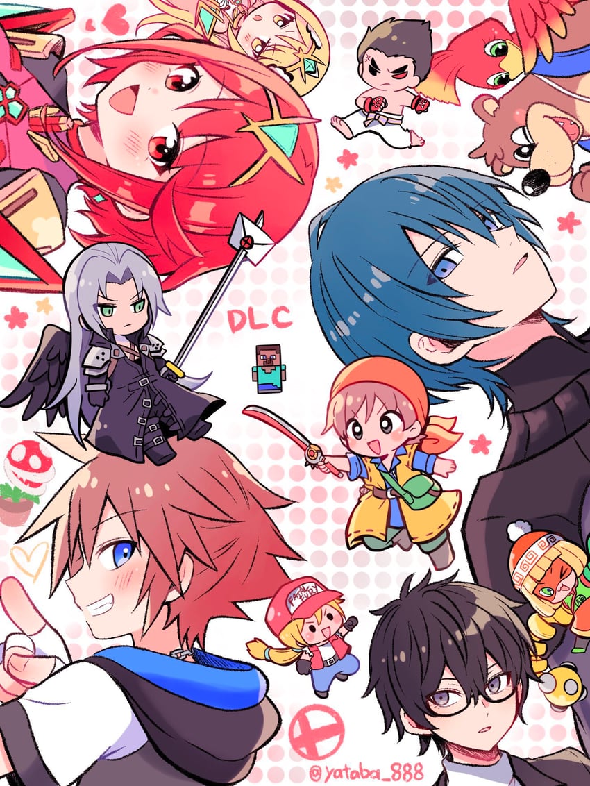 pyra, mythra, sephiroth, amamiya ren, male byleth, and 9 more (fire emblem and 19 more) drawn by yataba