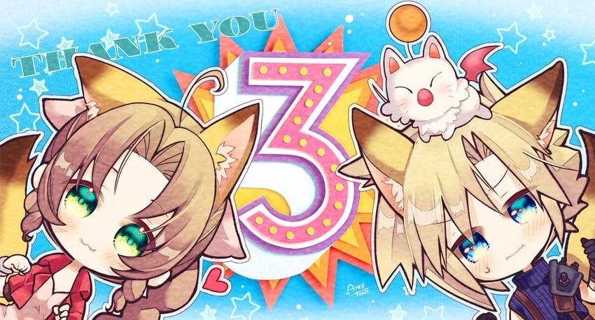 cloud strife, aerith gainsborough, and moogle (final fantasy and 1 more) drawn by arestear0701