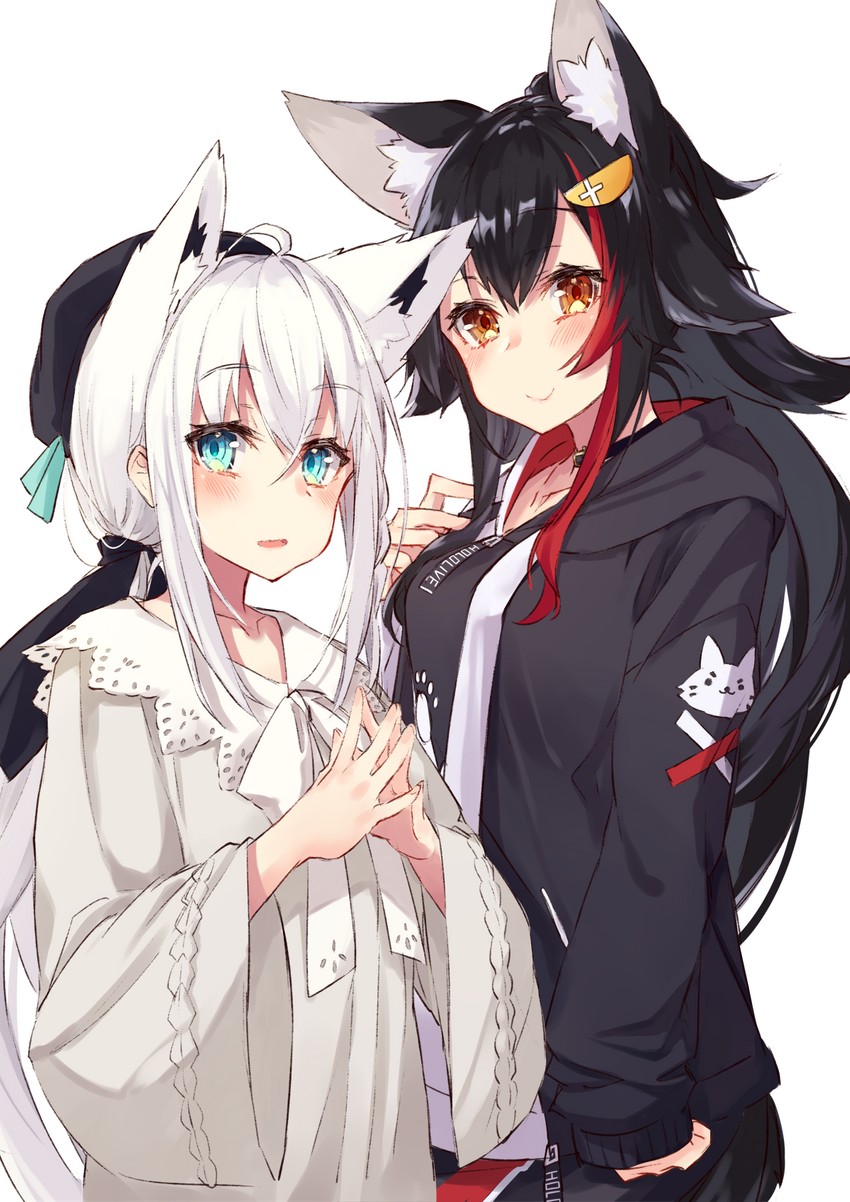 shirakami fubuki and ookami mio (hololive) drawn by nuko_miruku