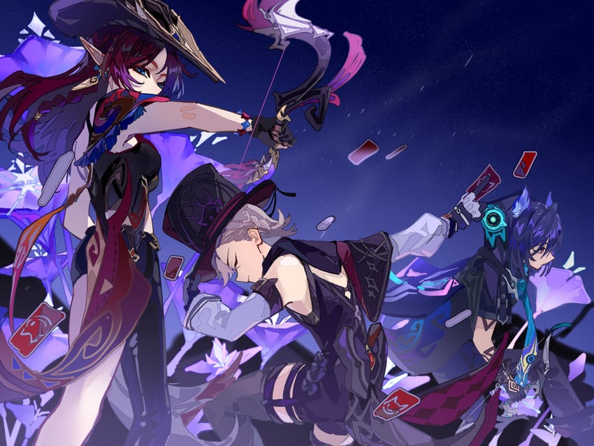 lyney, ororon, and chasca (genshin impact) drawn by zhimajiang394