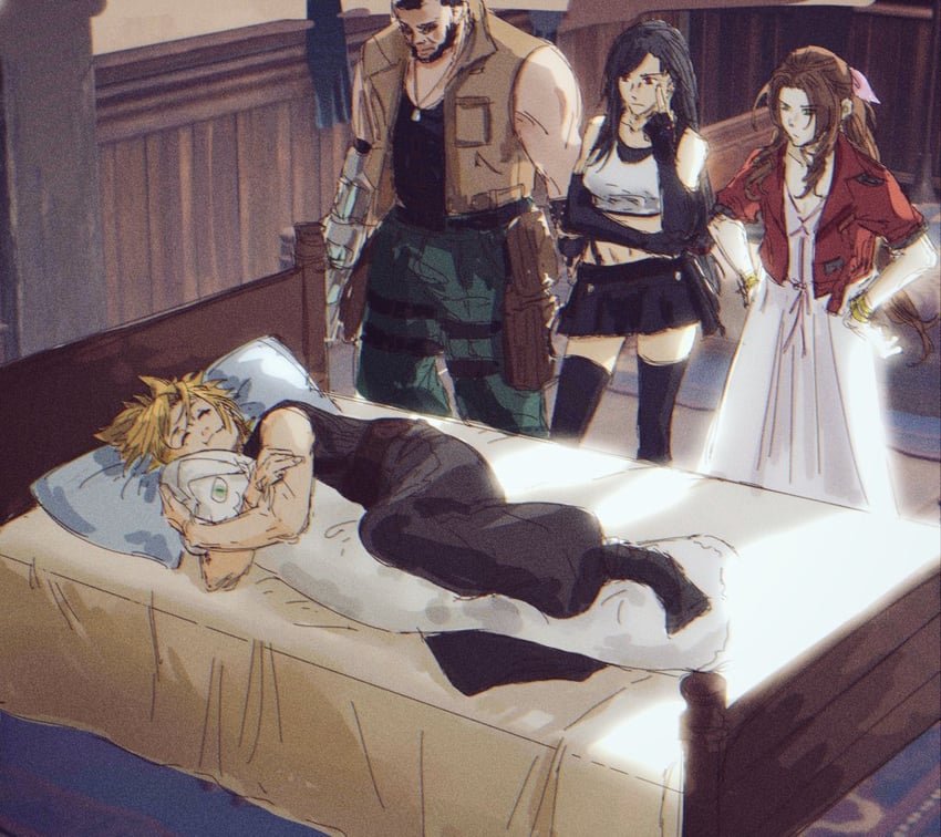 tifa lockhart, cloud strife, aerith gainsborough, sephiroth, and barret wallace (final fantasy and 3 more) drawn by tatamu