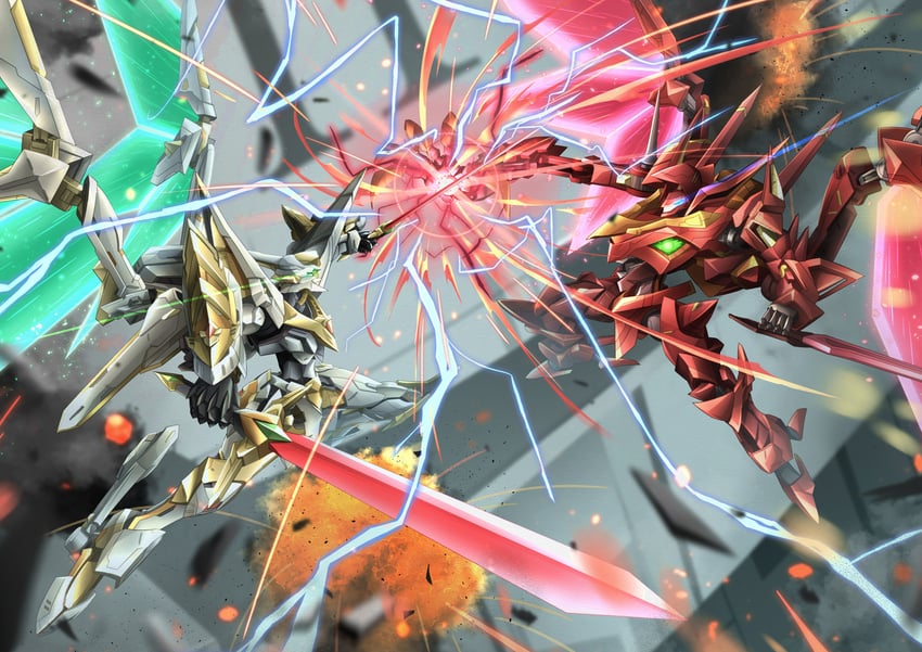 guren, lancelot, guren s.e.i.t.e.n. eight elements, and lancelot albion (code geass) drawn by troy_(oxaa01ex)