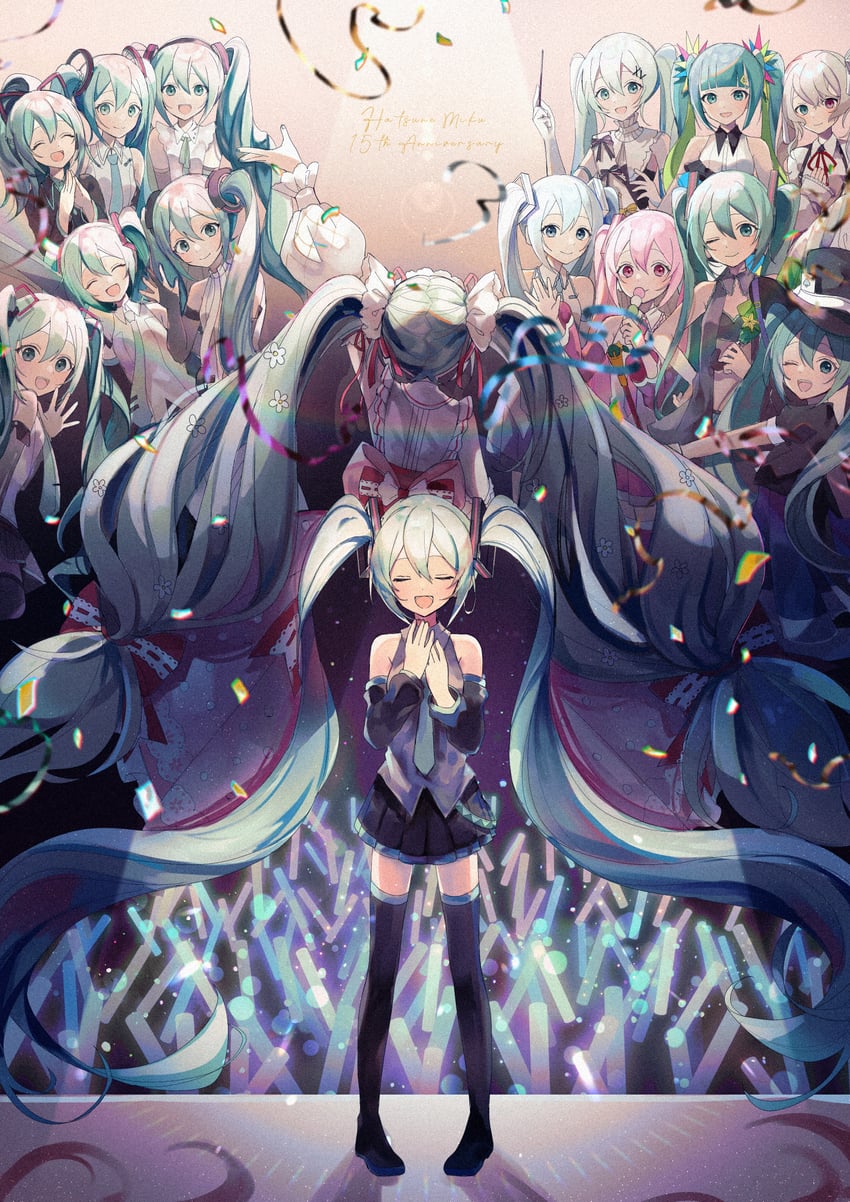 hatsune miku, yuki miku, sakura miku, magical mirai miku, racing miku, and 2 more (vocaloid and 7 more) drawn by sazanami_(ripple1996)