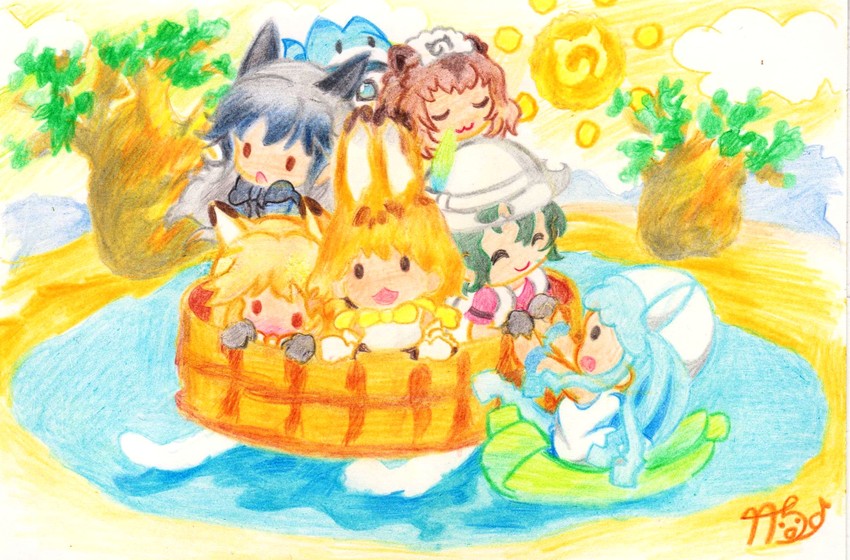 serval, kaban, ikamusume, lucky beast, silver fox, and 2 more (kemono friends and 1 more) drawn by takecho