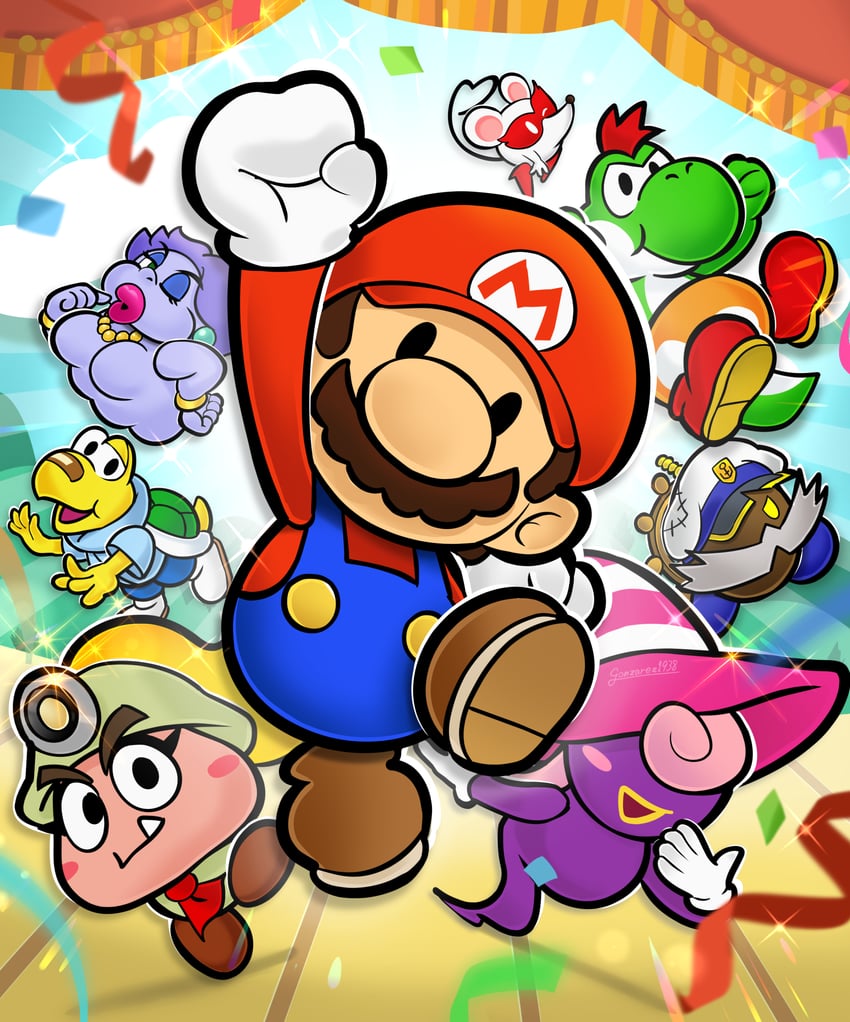 mario, yoshi, goomba, vivian, paper mario, and 6 more (mario and 2 more) drawn by gonzarez