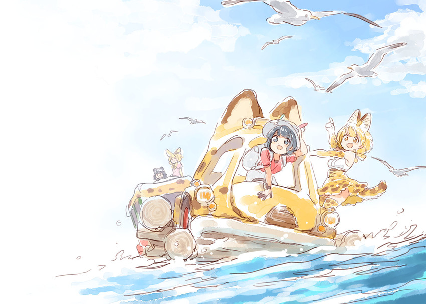 serval, kaban, common raccoon, and fennec (kemono friends) drawn by mitsumoto_jouji
