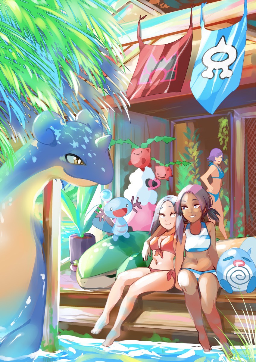 lapras, wooper, courtney, hoppip, poliwag, and 4 more (pokemon and 2 more) drawn by azuumori