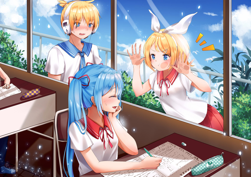 hatsune miku, kagamine rin, and kagamine len (vocaloid) drawn by douya_(233)