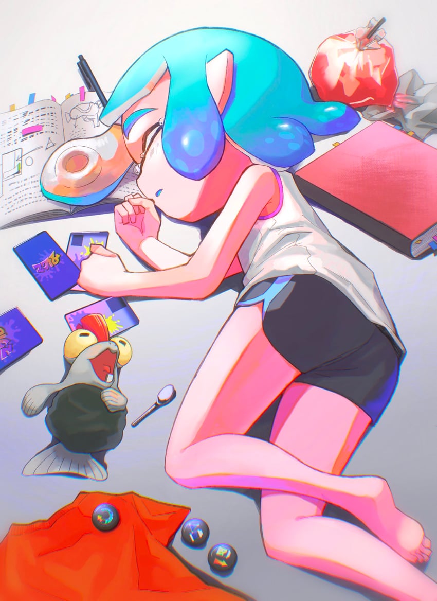 inkling player character, inkling girl, and smallfry (splatoon and 1 more) drawn by azkrock