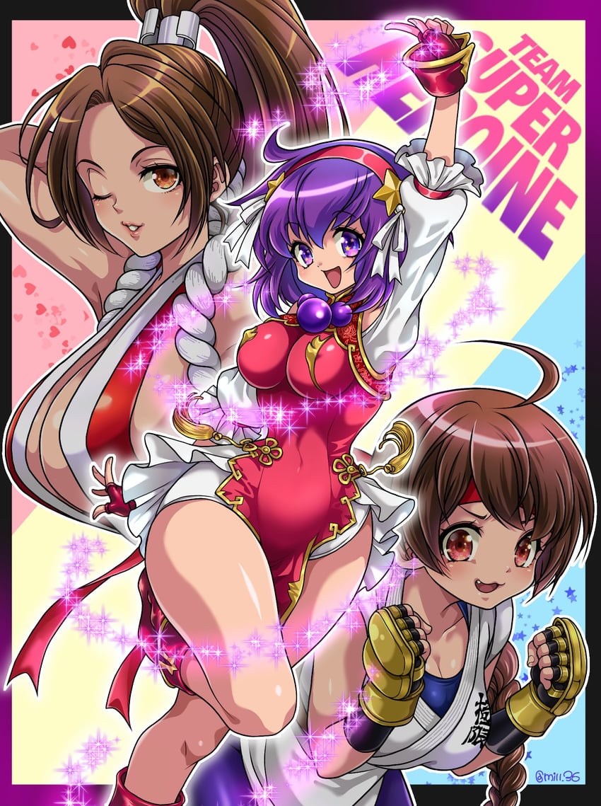shiranui mai, yuri sakazaki, and asamiya athena (the king of fighters and 4 more) drawn by miru_(mill_36)