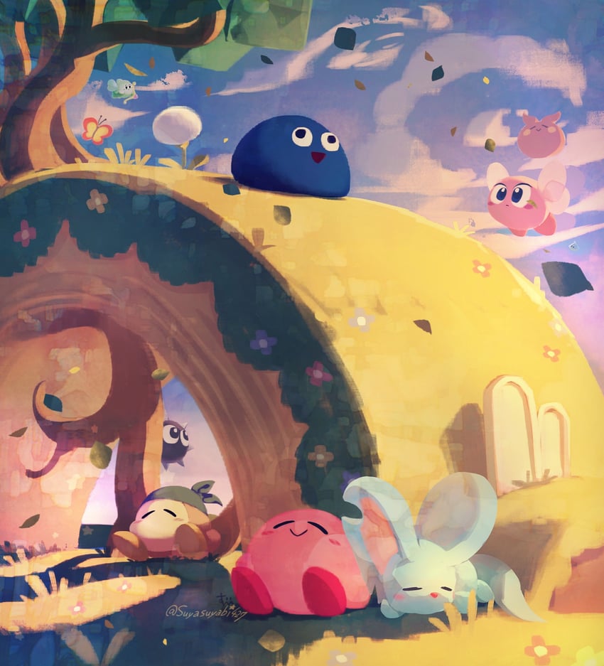 kirby, bandana waddle dee, gooey, elfilin, morpho knight, and 5 more (kirby and 1 more) drawn by suyasuyabi